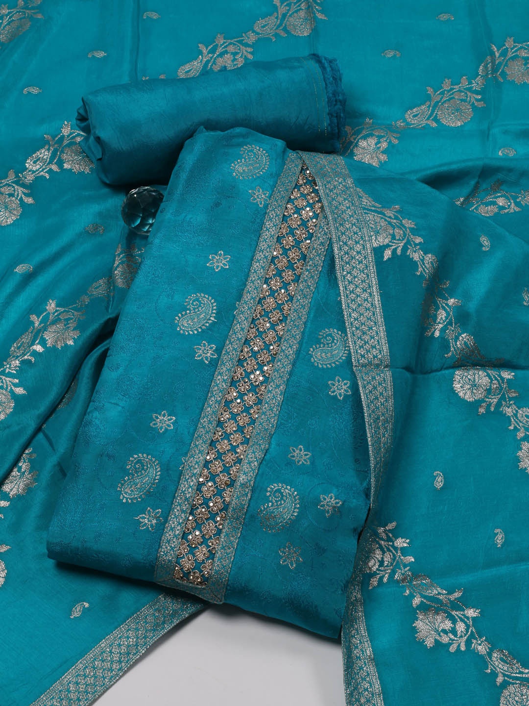 

Meena Bazaar Woven Design Art Silk Unstitched Dress Material, Blue