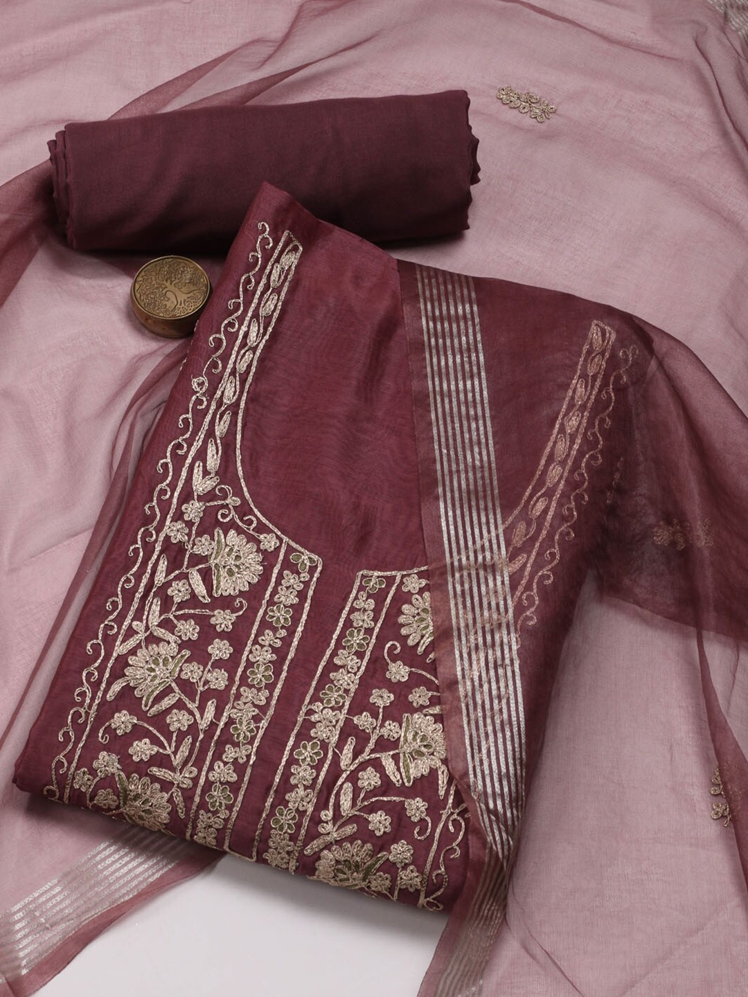 

Meena Bazaar Embroidered Art Silk Unstitched Dress Material, Brown