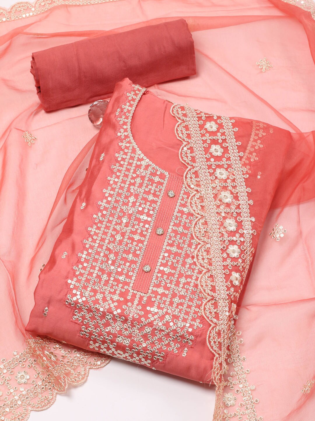 

Meena Bazaar Embroidered Art Silk Unstitched Dress Material, Peach