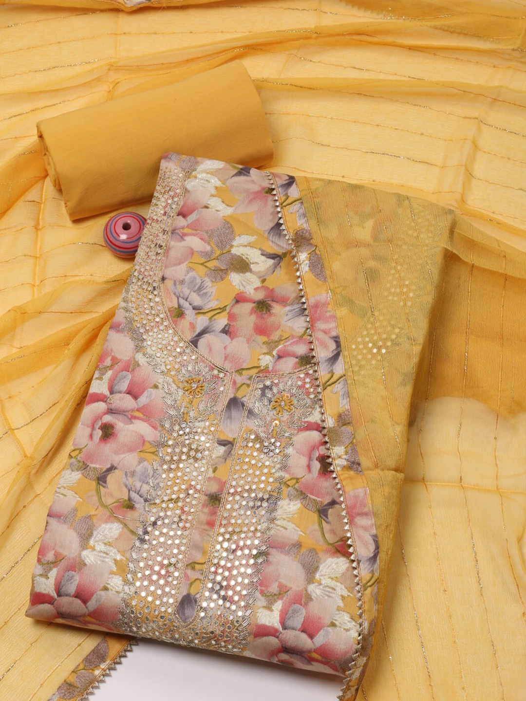 

Meena Bazaar Floral Printed Mirror Work Unstitched Dress Material, Mustard