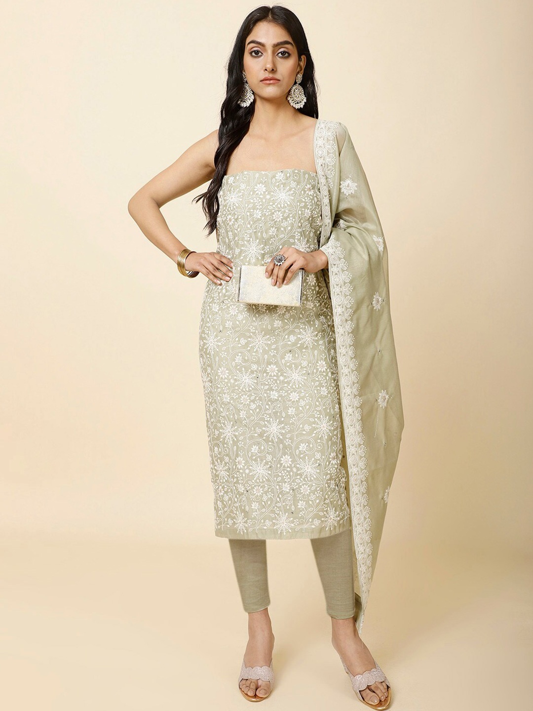 

Meena Bazaar Floral Embroidered Unstitched Dress Material, Green