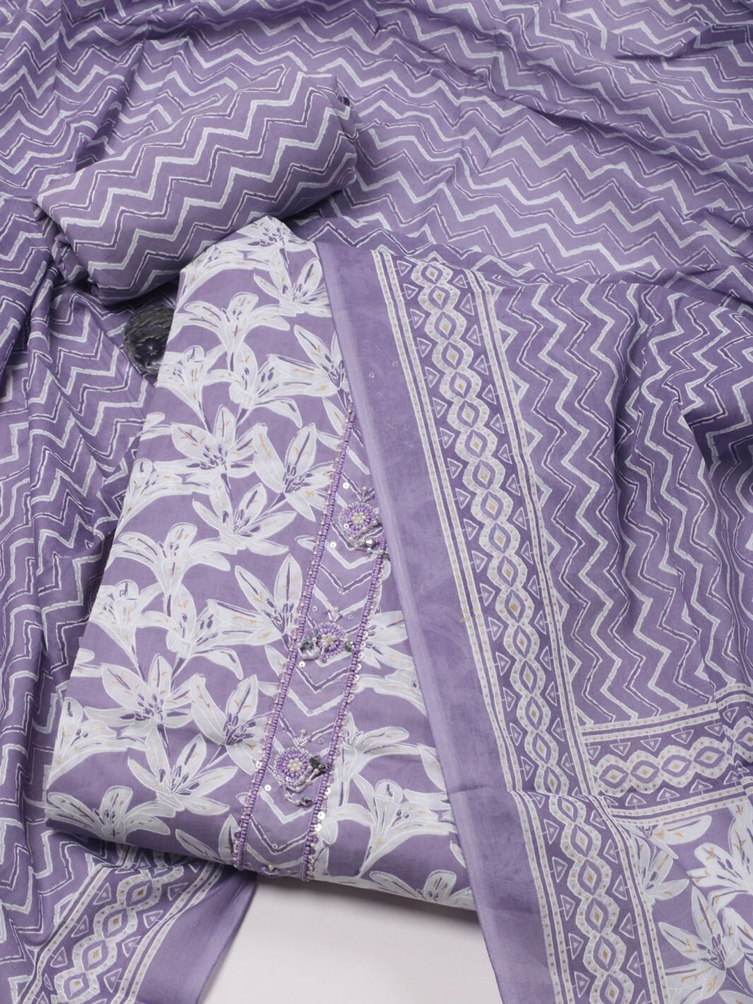 

Meena Bazaar Floral Printed Beads and Stones Unstitched Dress Material, Purple