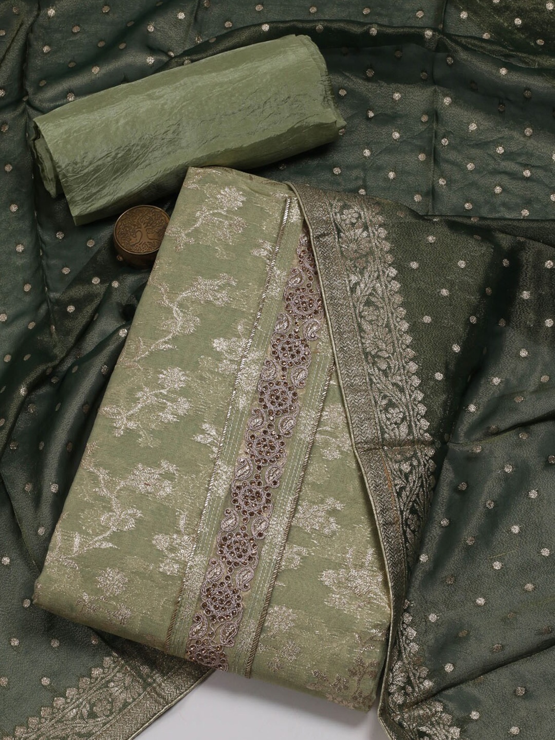 

Meena Bazaar Floral Woven Design Zari Unstitched Dress Material, Green