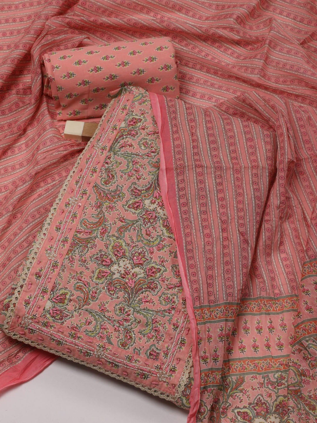 

Meena Bazaar Floral Printed Unstitched Dress Material, Pink