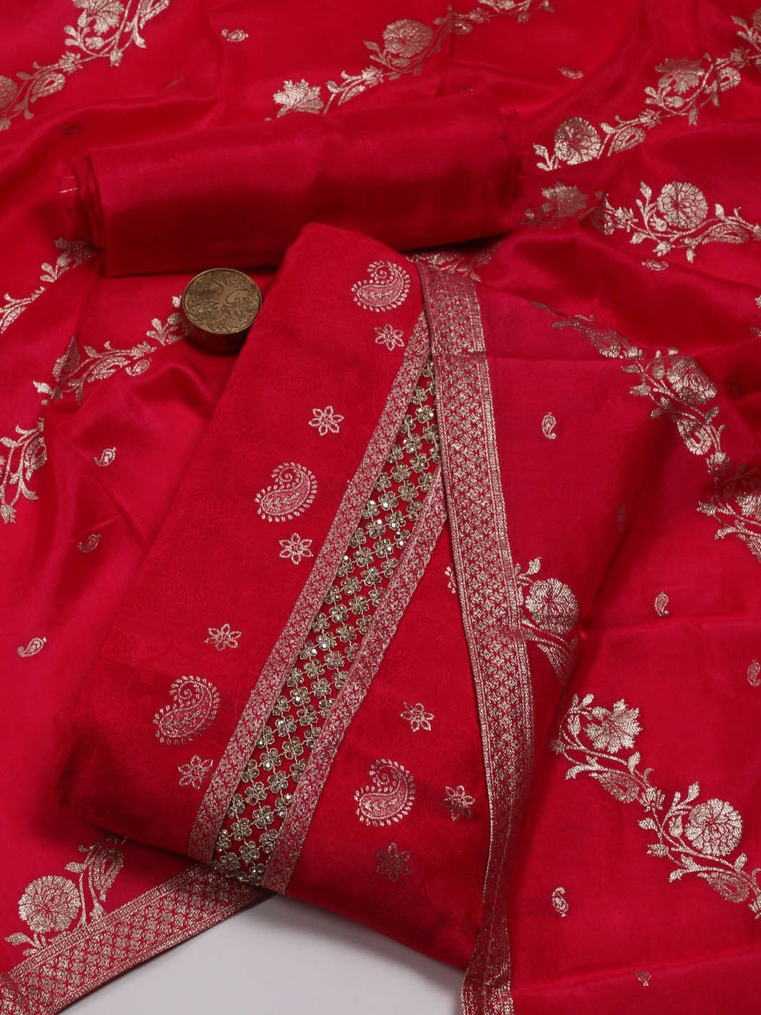 

Meena Bazaar Floral Woven Design Art Silk Unstitched Dress Material, Red