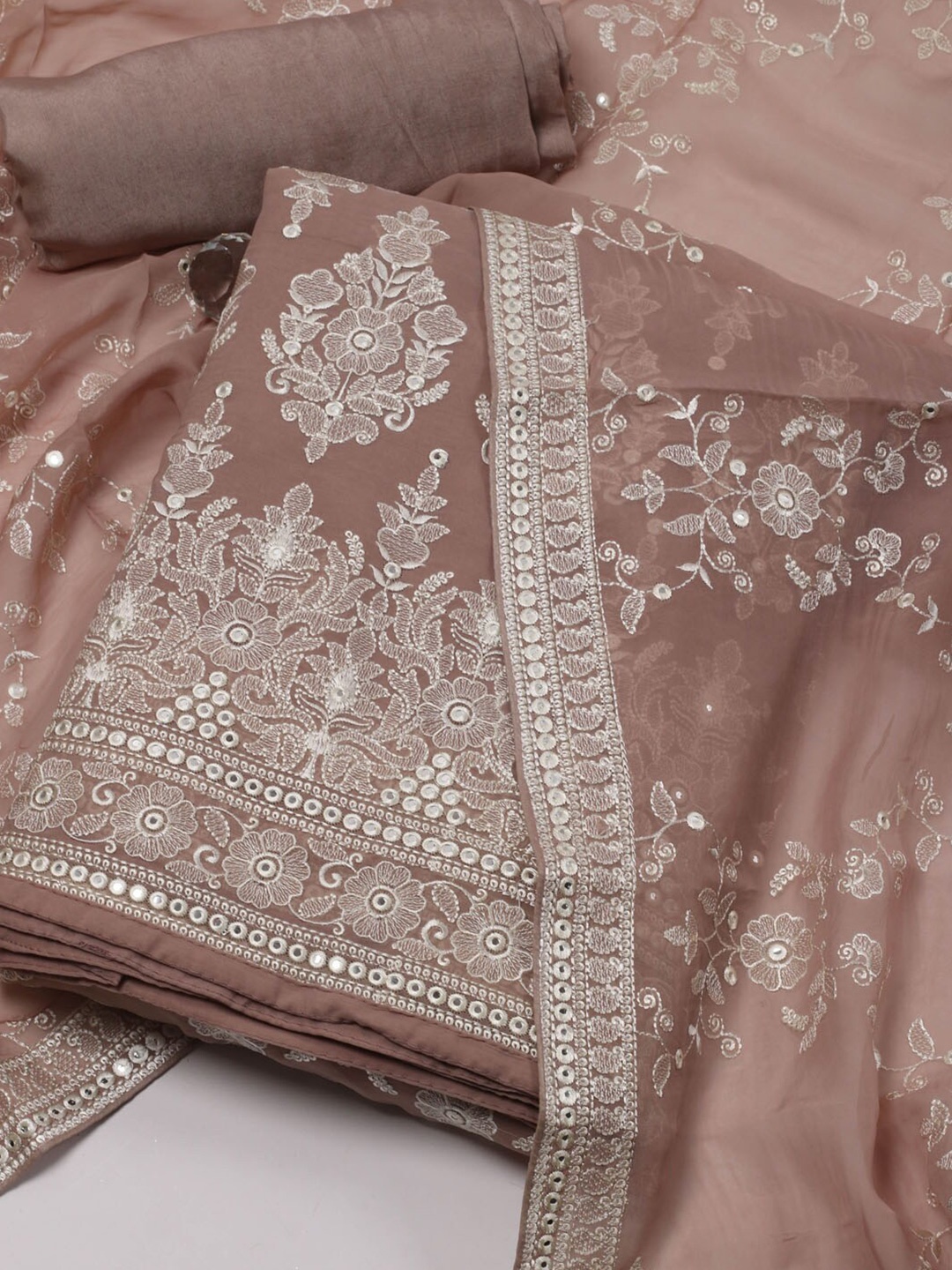 

Meena Bazaar Floral Embroidered Organza Unstitched Dress Material, Pink