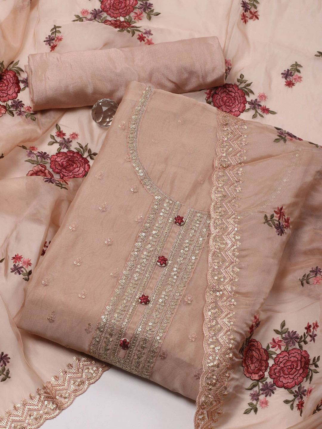 

Meena Bazaar Floral Embroidered Organza Unstitched Dress Material, Peach