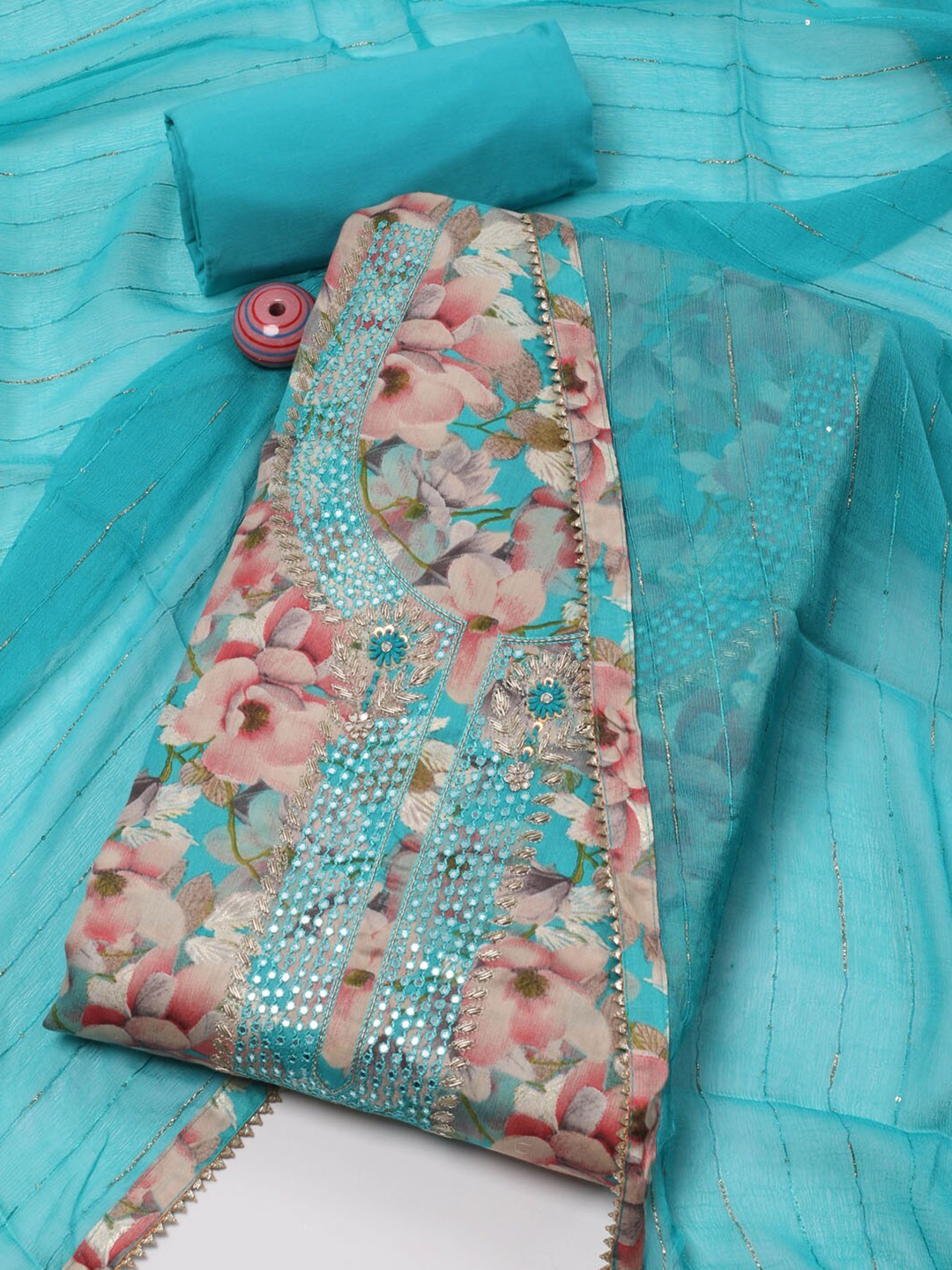 

Meena Bazaar Floral Printed Unstitched Dress Material, Blue