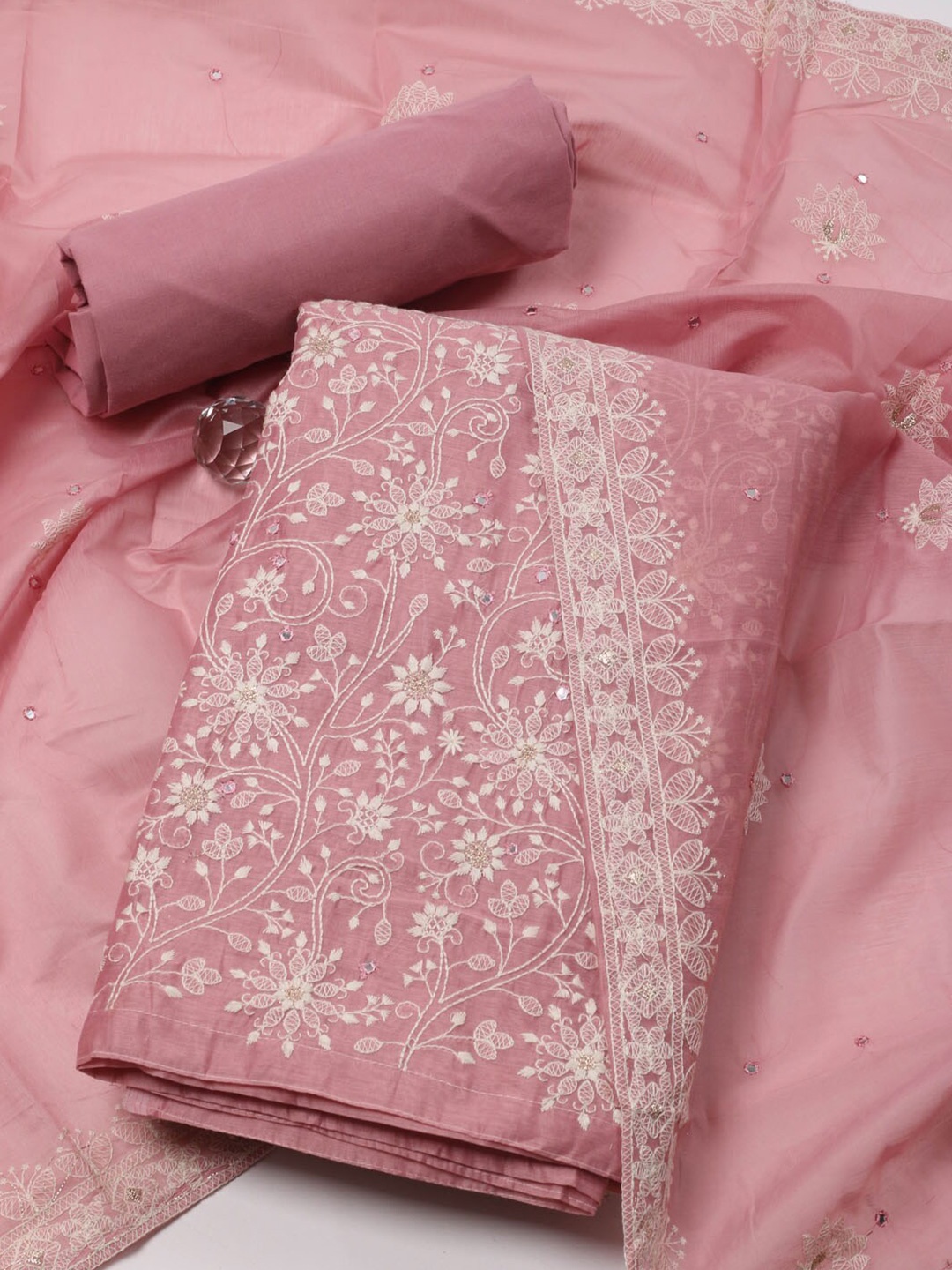 

Meena Bazaar Floral Embroidered Art Silk Unstitched Dress Material, Pink