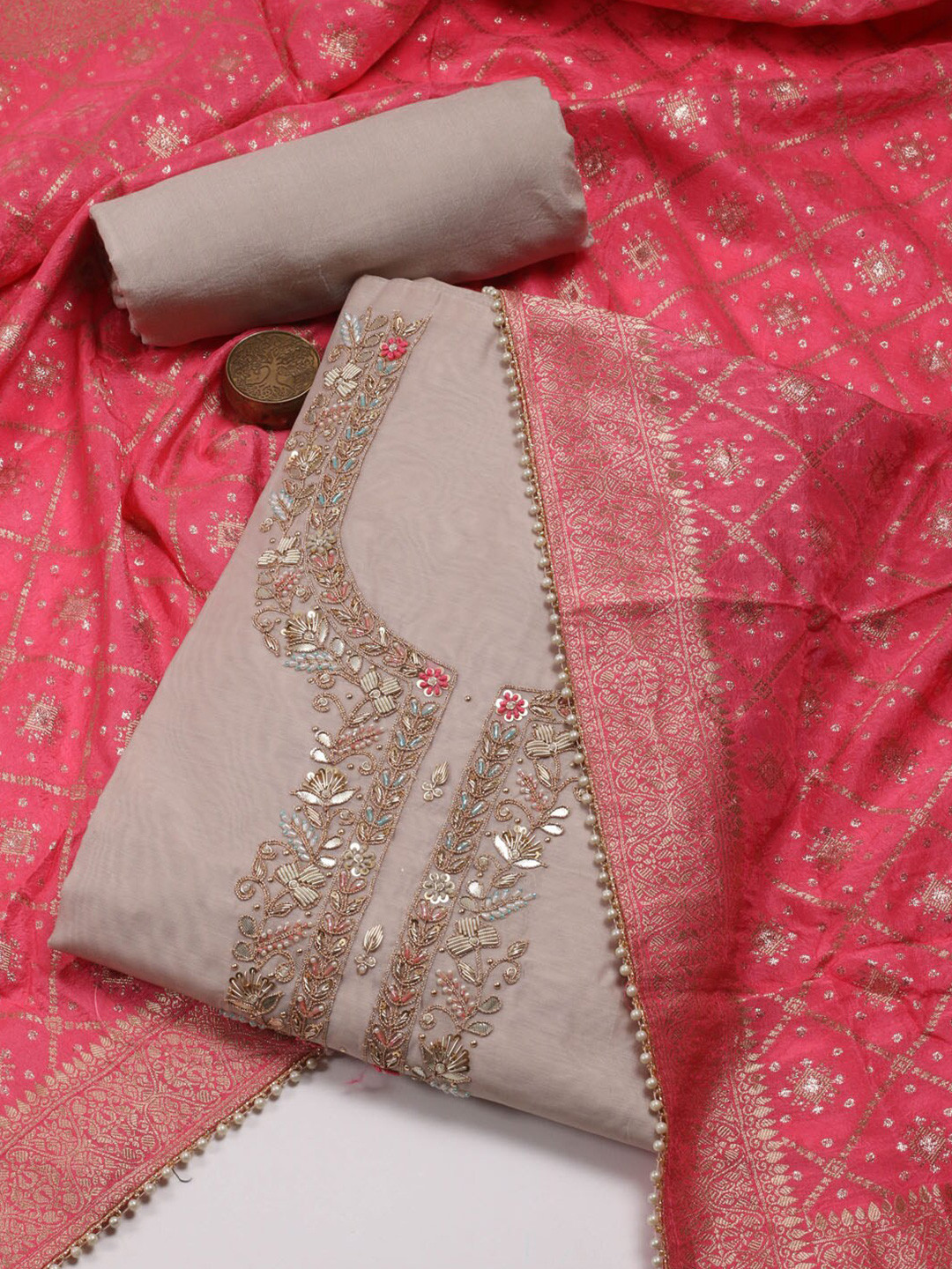 

Meena Bazaar Floral Embroidered Beads and Stones Unstitched Dress Material, Beige