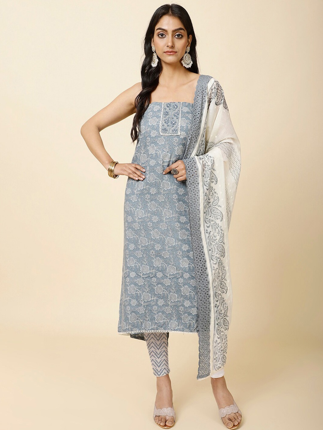 

Meena Bazaar Floral Printed Unstitched Dress Material, Grey