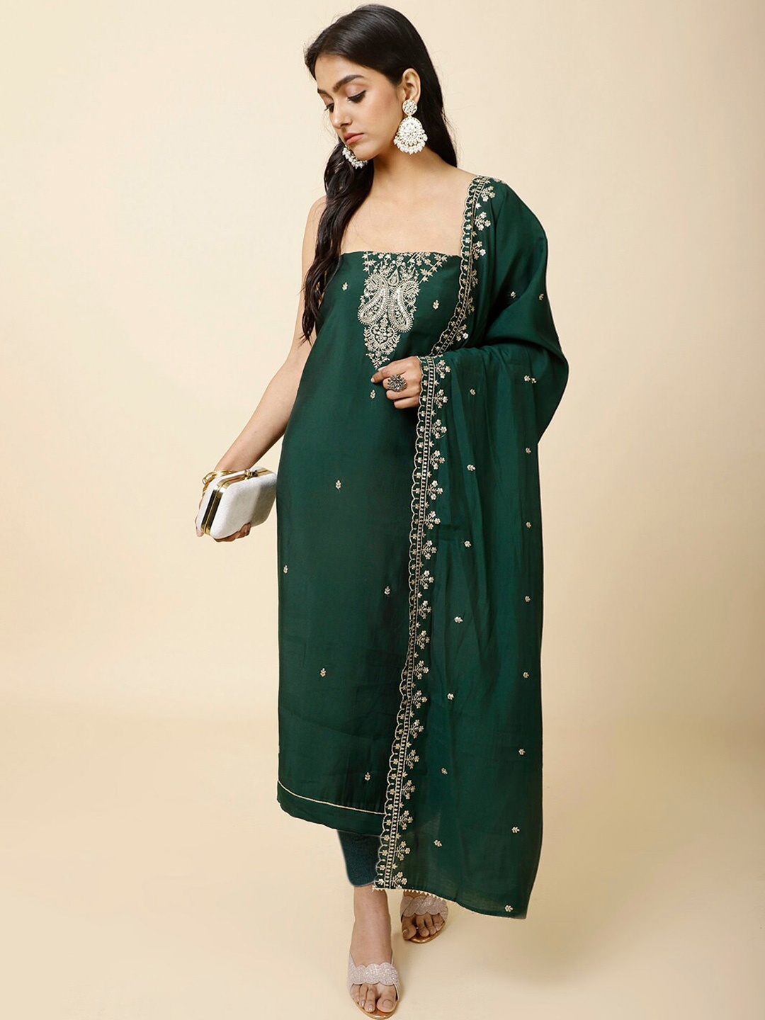 

Meena Bazaar Floral Embroidered Sequinned Unstitched Dress Material, Green
