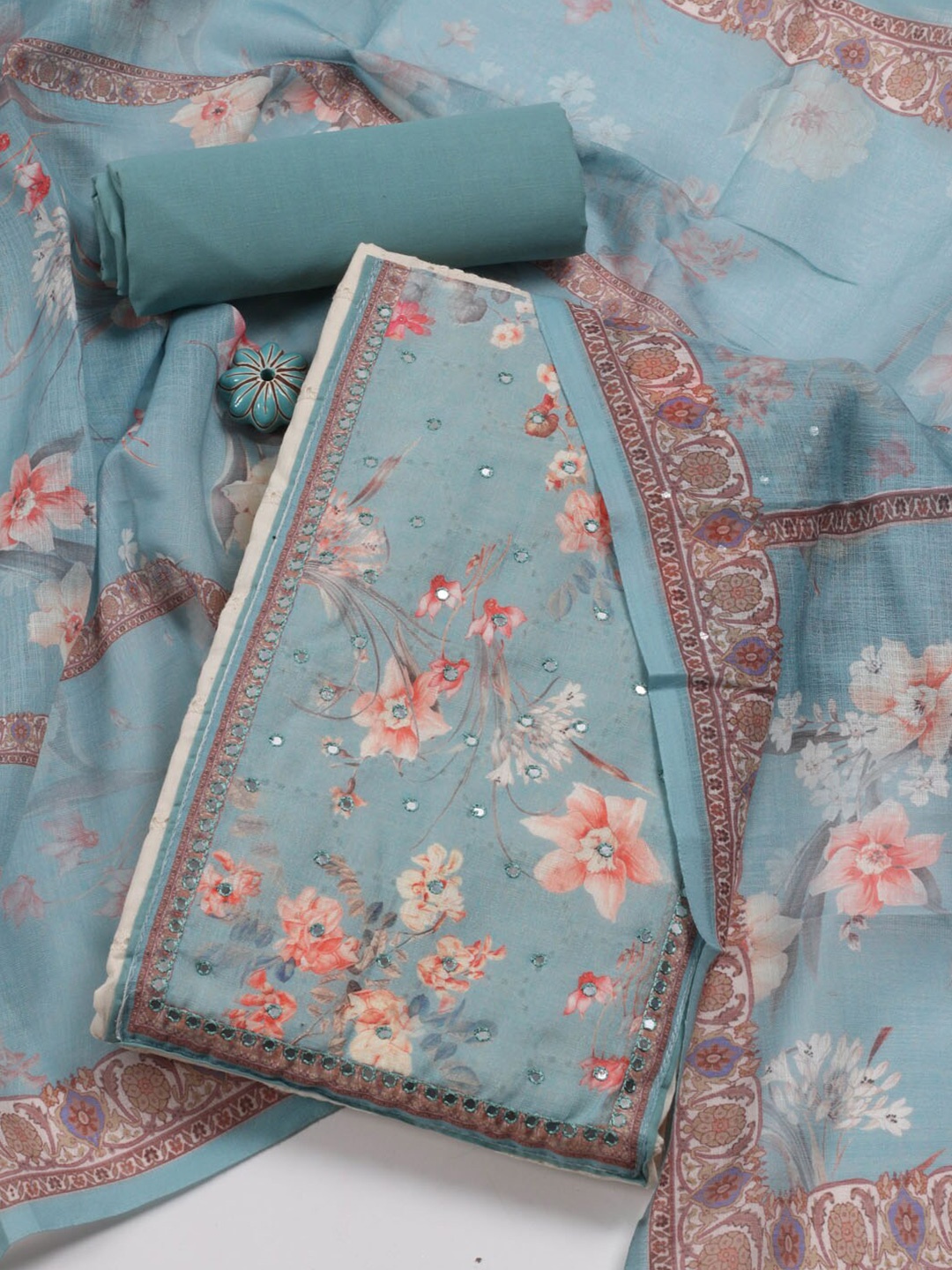 

Meena Bazaar Floral Printed Mirror Work Unstitched Dress Material, Blue