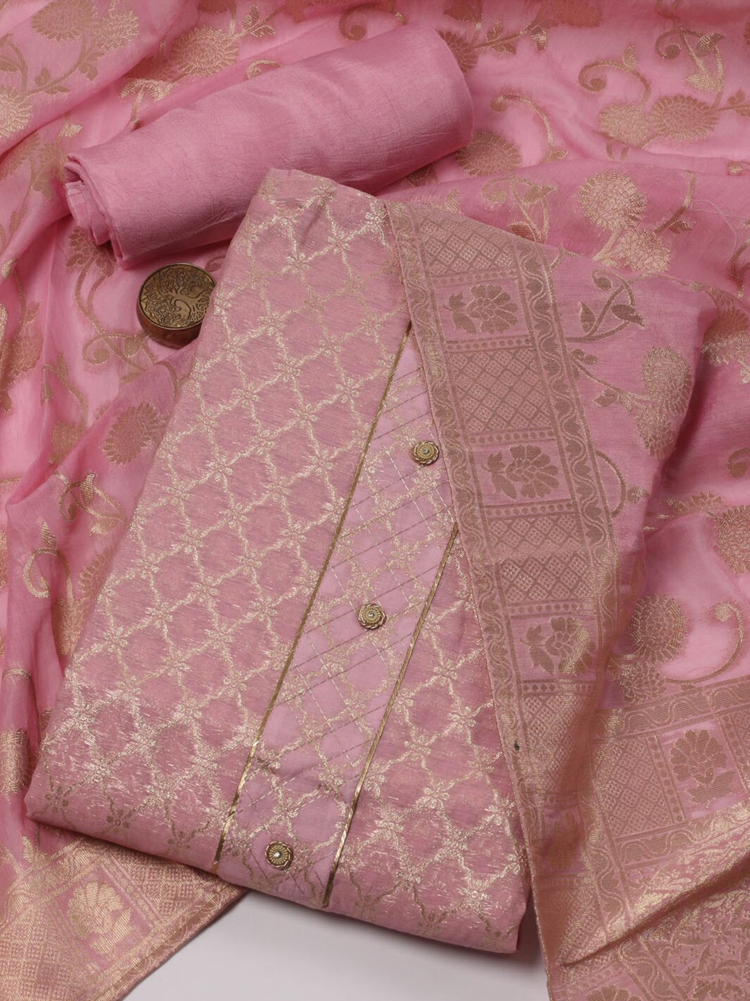 

Meena Bazaar Ethnic Motifs Woven Design Zari Unstitched Dress Material, Pink