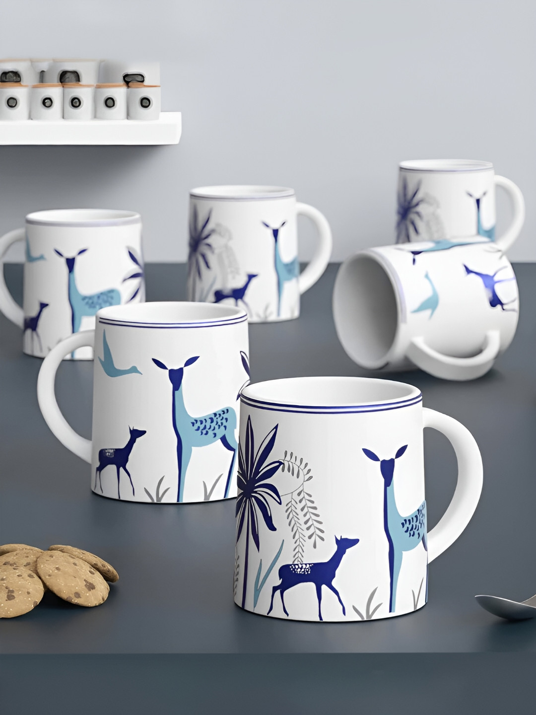 

The Earth Store White 6 Pcs Printed Microwave Safe Matte Finish Ceramic Mugs 300 ml Each