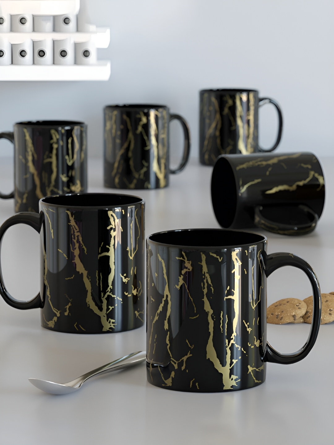 

The Earth Store Black 6 Pcs Printed Microwave Safe Glossy Finish Ceramic Mug 370 ml Each
