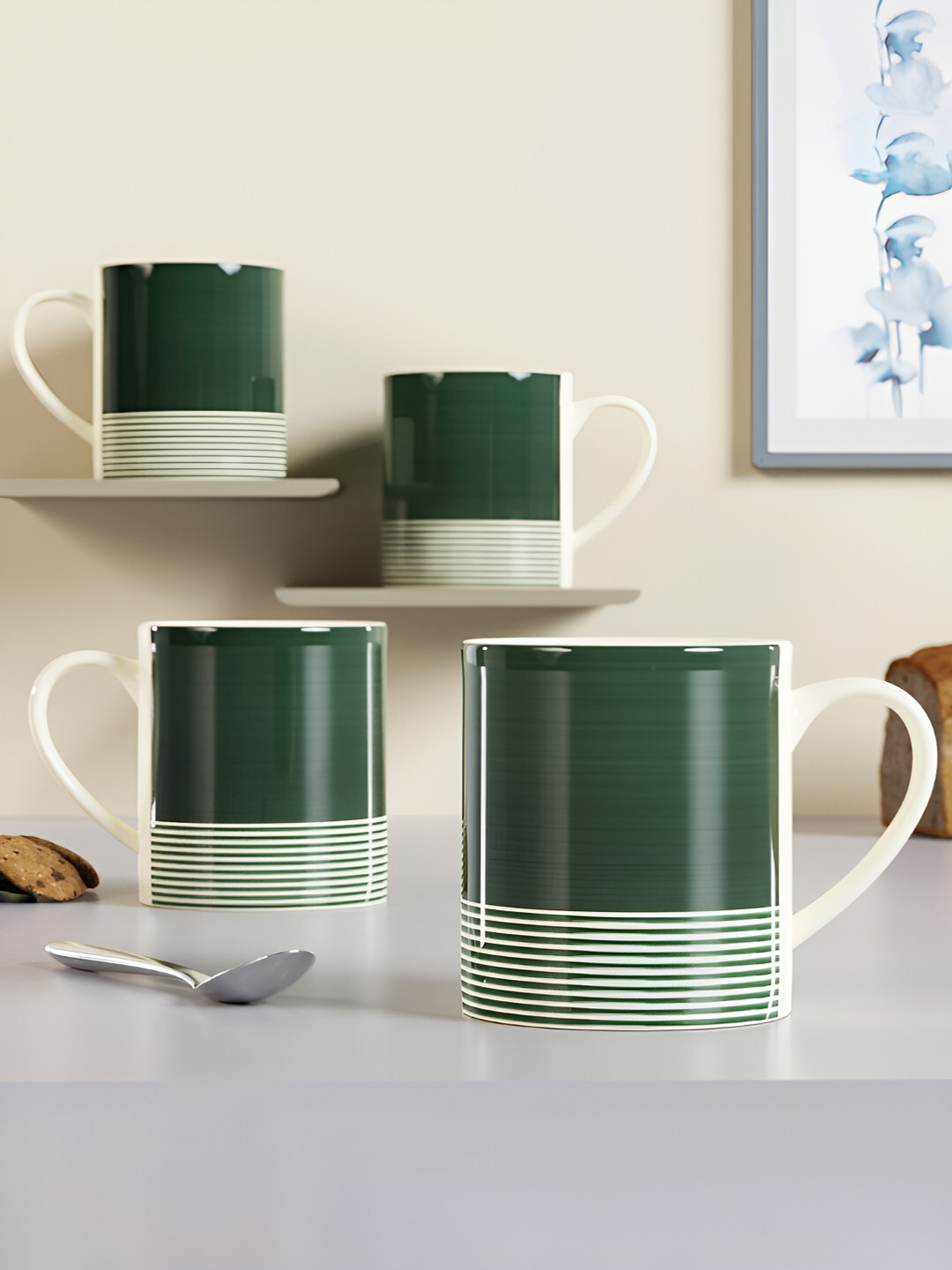 

The Earth Store Green 4 Pcs Printed Microwave Safe Glossy Finish Ceramic Mug 350 ml Each