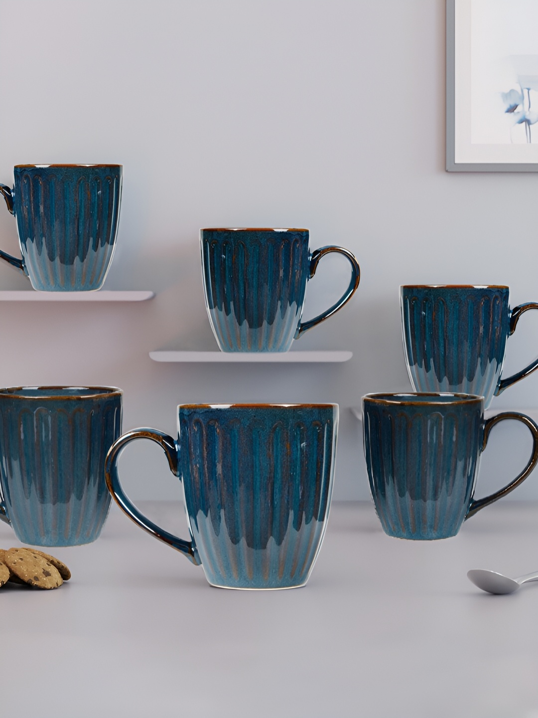 

The Earth Store Blue 6 Pcs Printed Microwave Safe Glossy Finish Ceramic Mugs 330 ml Each