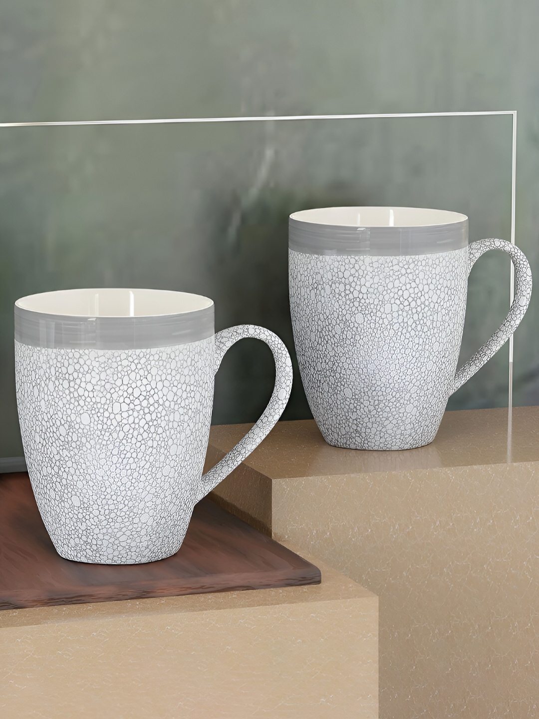 

The Earth Store Grey 2 Pcs Printed Microwave Safe Glossy Finish Ceramic Mugs 280 ml Each
