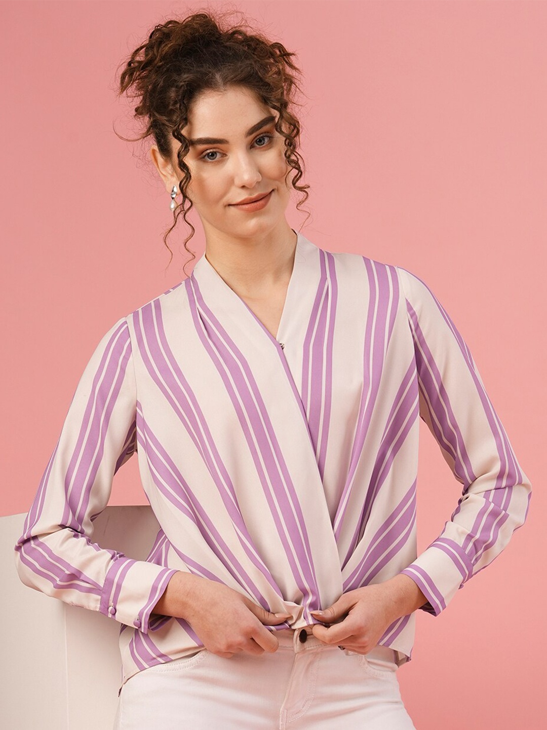 

Globus Striped Wrap Cuffed Sleeves Casual Top, Lavender