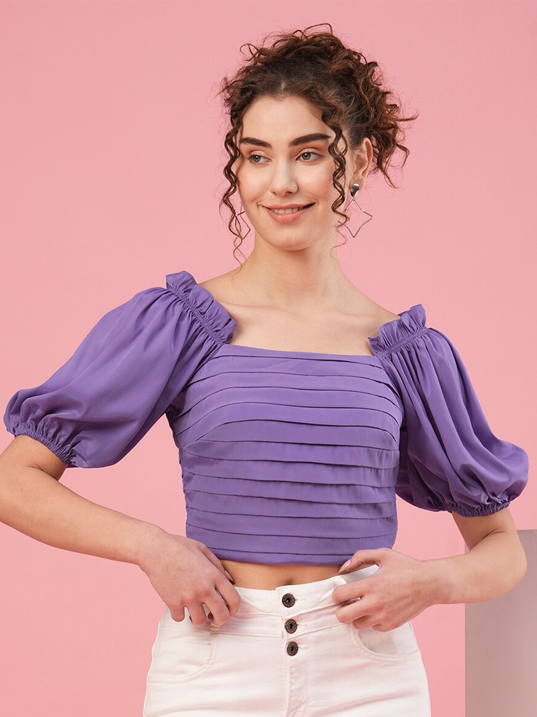 

Globus Puff Sleeve Gathered Crop Top, Lavender