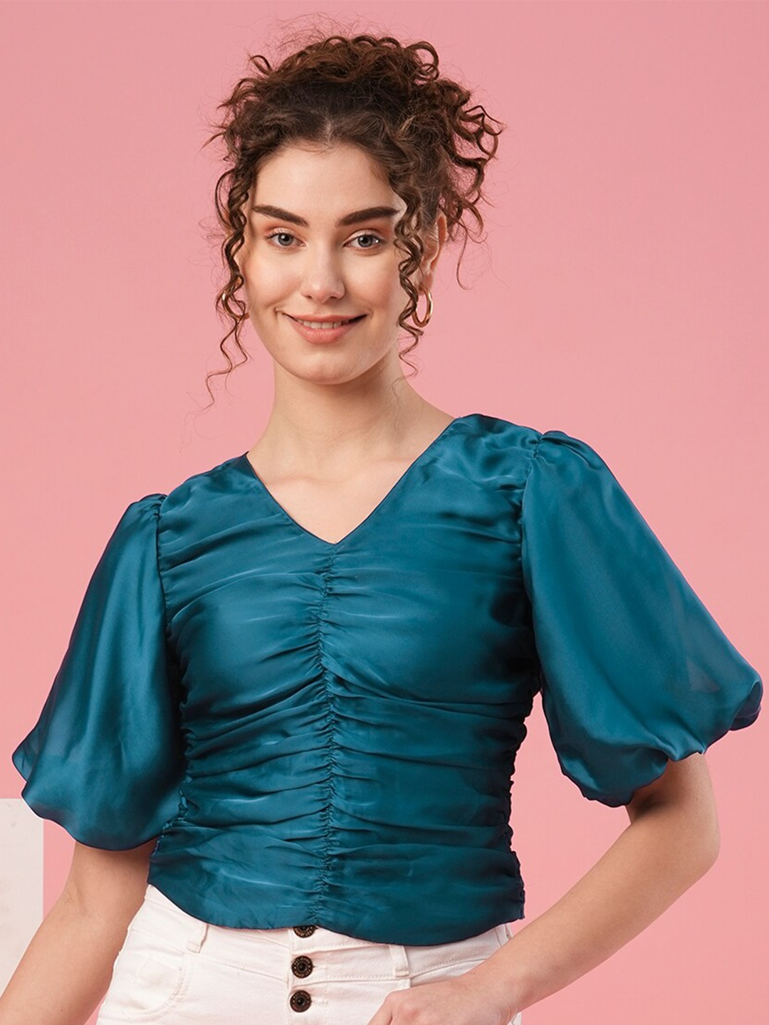 

Globus Teal Blue V-Neck Puff Sleeve Opaque Crepe Top