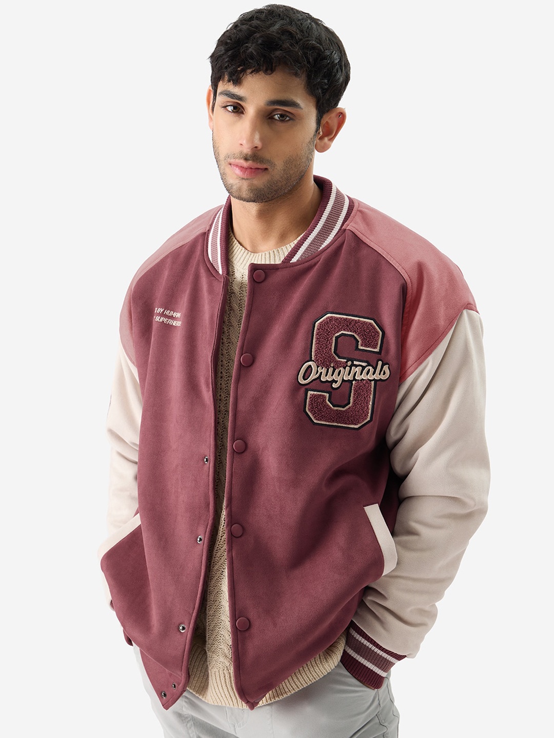 

The Souled Store Burgundy Colourblocked Stand Collar Lightweight Varsity Jacket