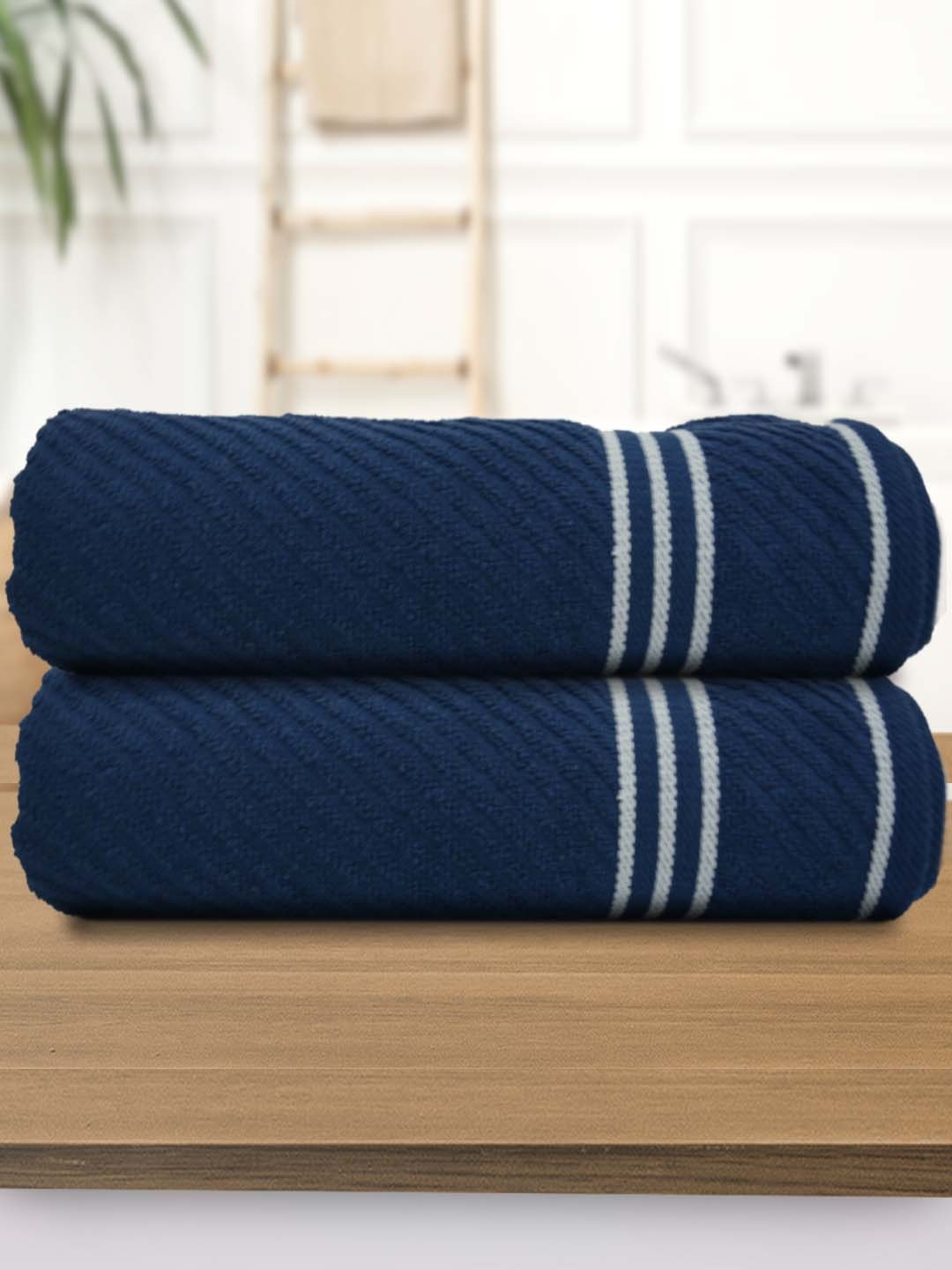 

Athom Living Navy Blue 2 Pieces Striped 380 GSM Bath Towels