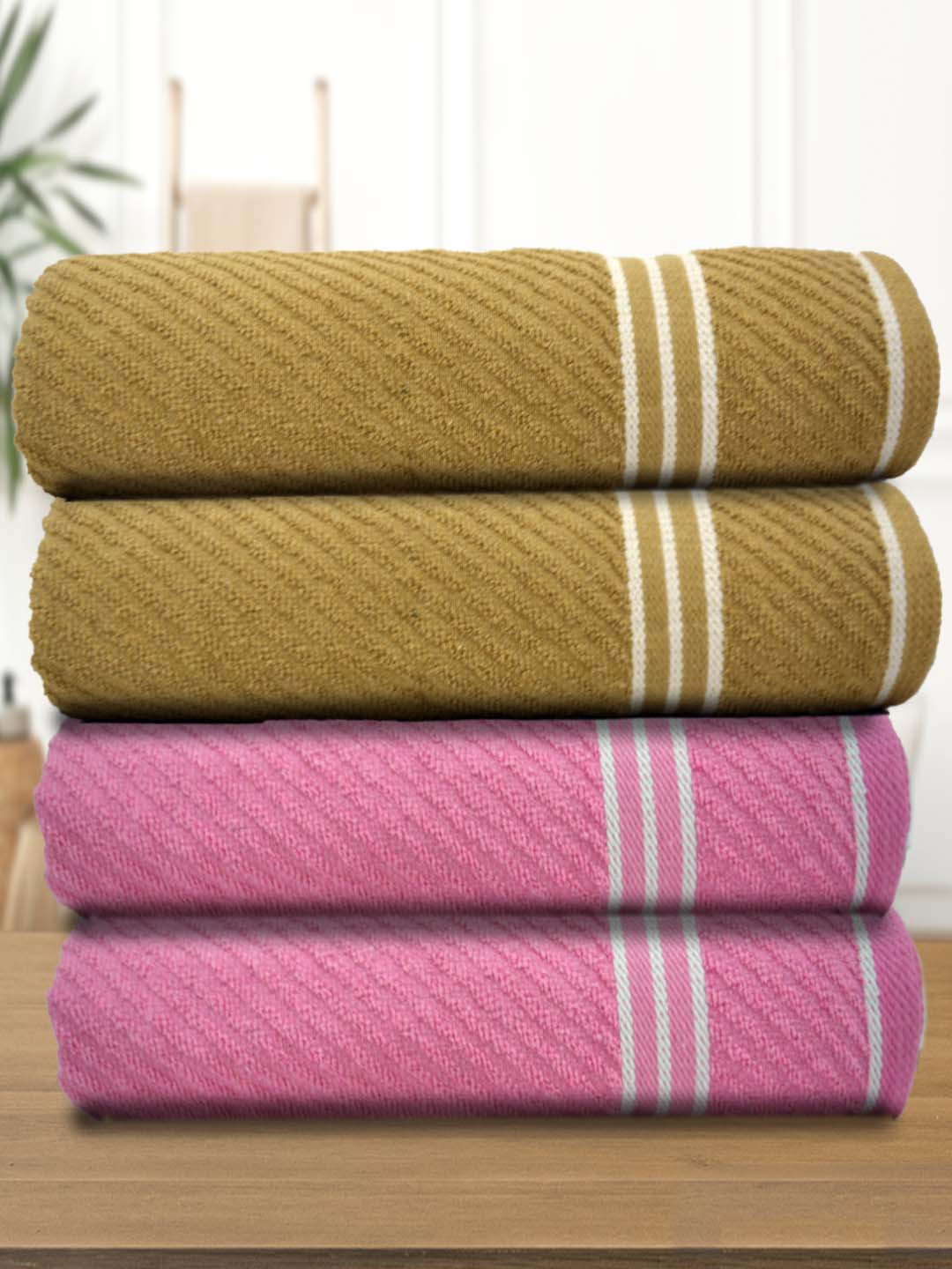 

Athom Living Beige Pink 4 Pieces 380 GSM Striped Bath Towels