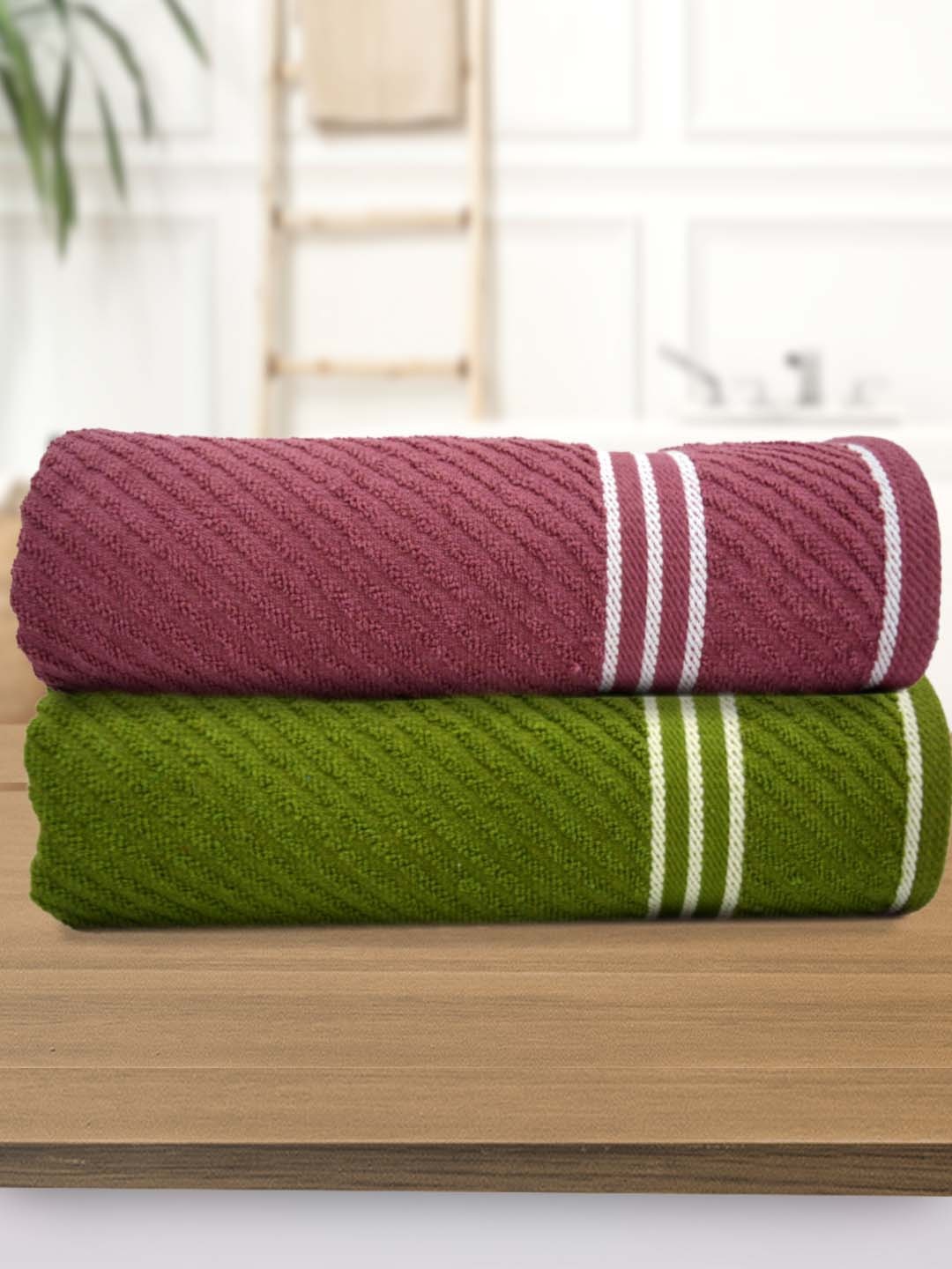 

Athom Living Peach & Green 2 Pieces Striped 380 GSM Bath Towels