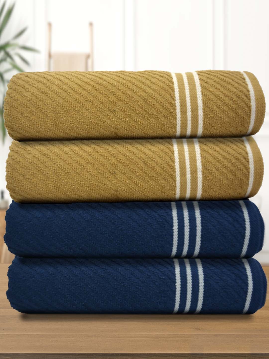 

Athom Living Beige & Blue 4 Pieces Striped 380 GSM Bath Towel