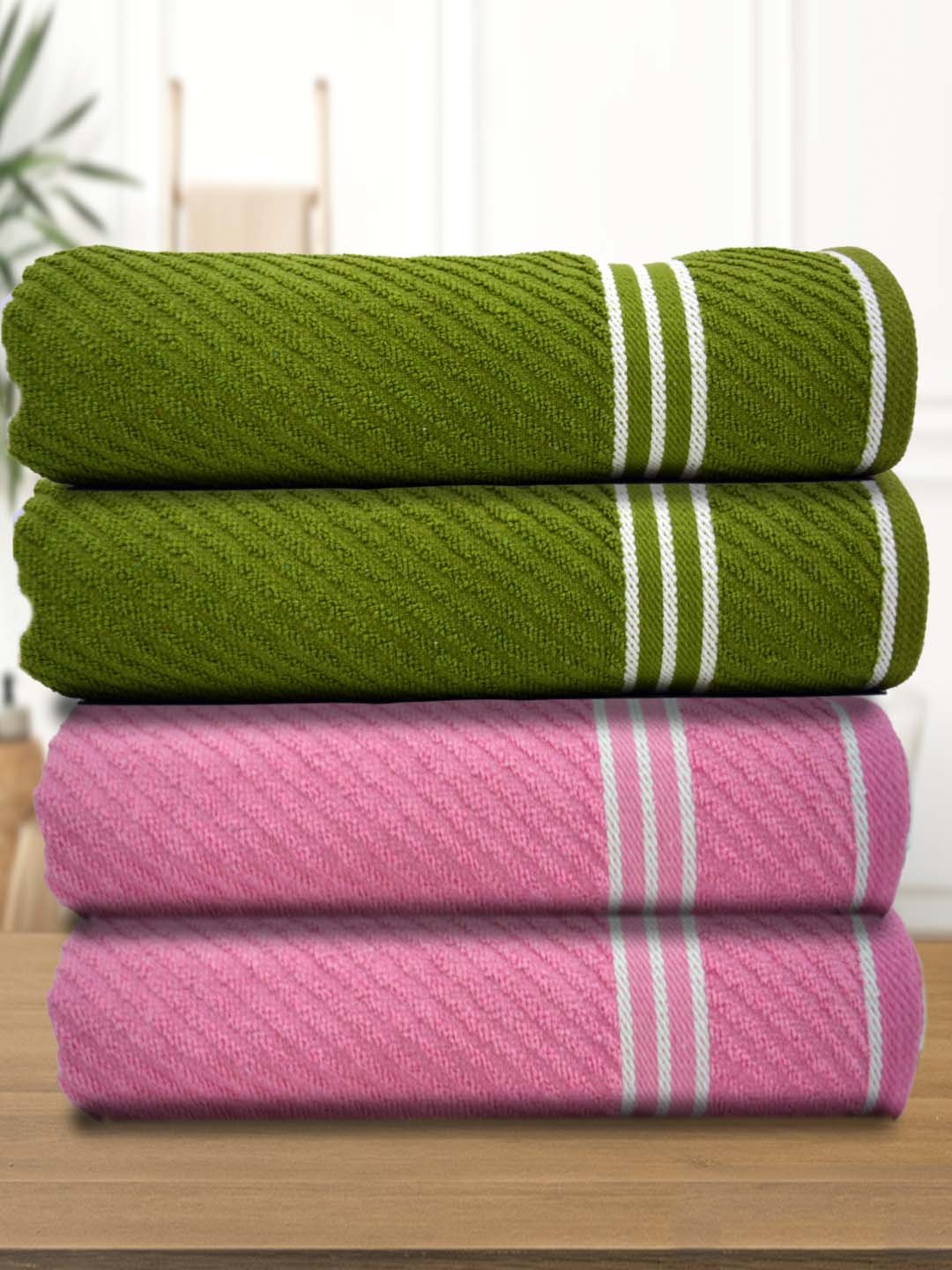 

Athom Living Green Pink 4 Pieces 380 GSM Striped Bath Towels