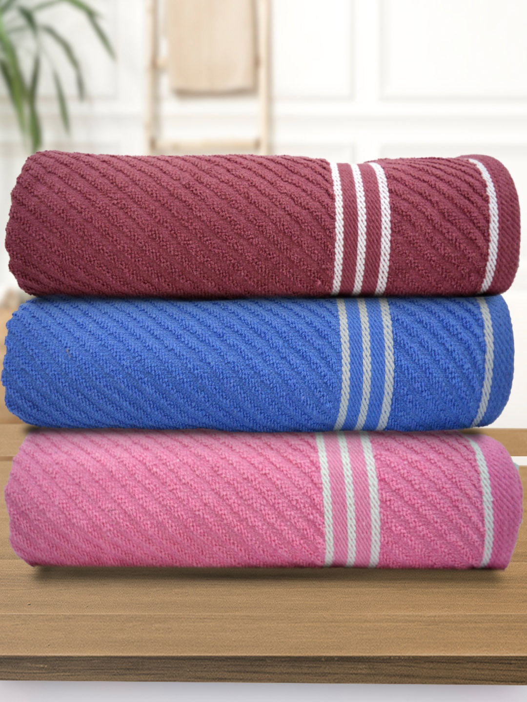 

Athom Living Brown Pink 3 Pieces 380 GSM Striped Bath Towels