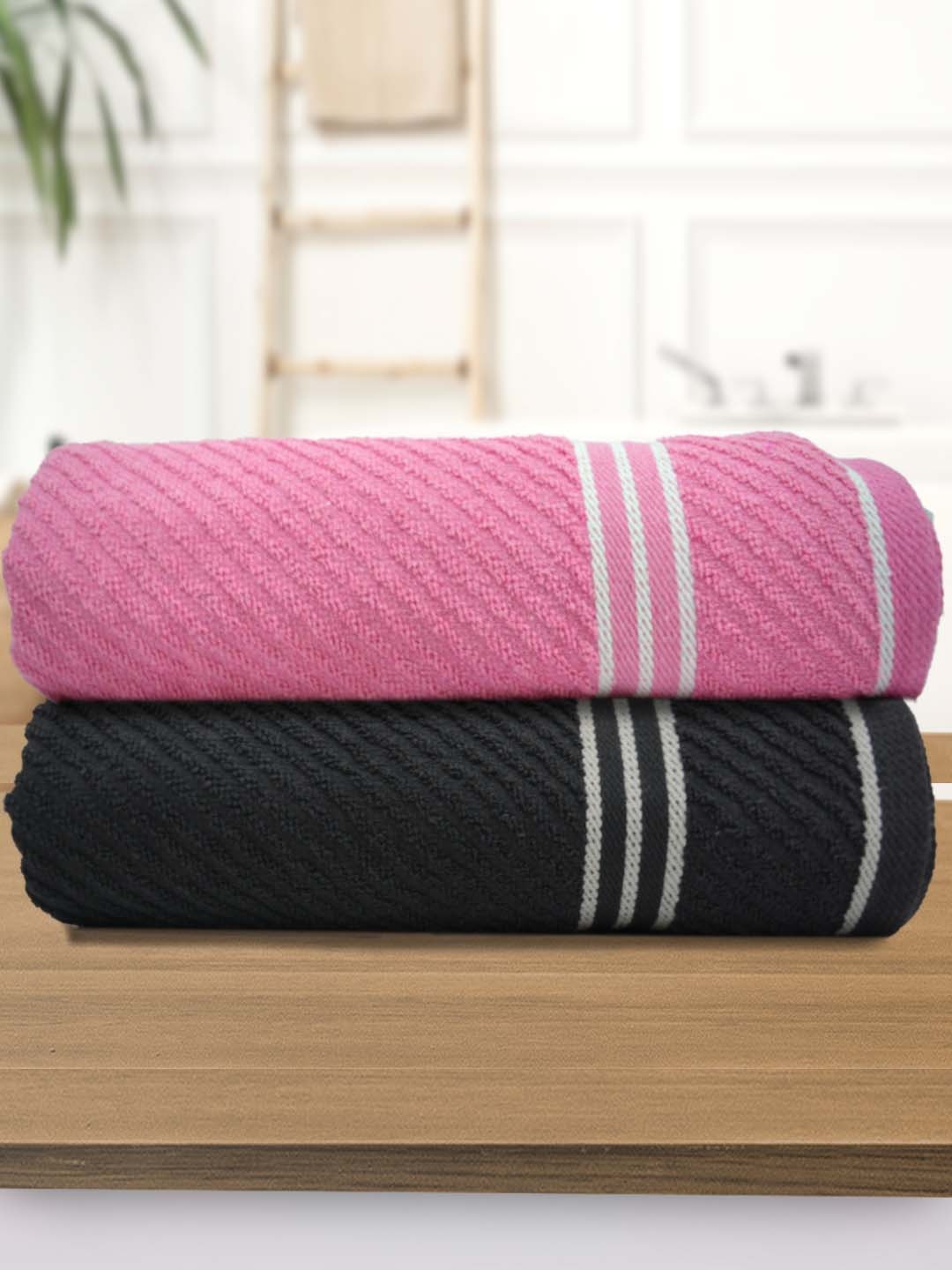 

Athom Living Pink Black 2 Pieces 380 GSM Striped Bath Towels