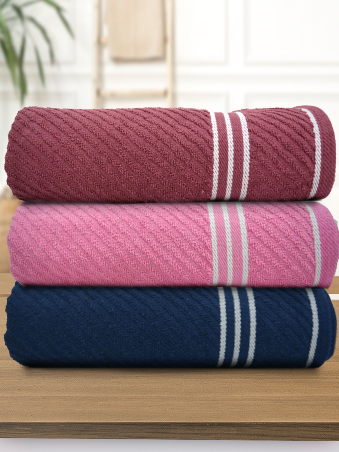 

Athom Living Brown Pink 3 Pieces 380 GSM Striped Bath Towels