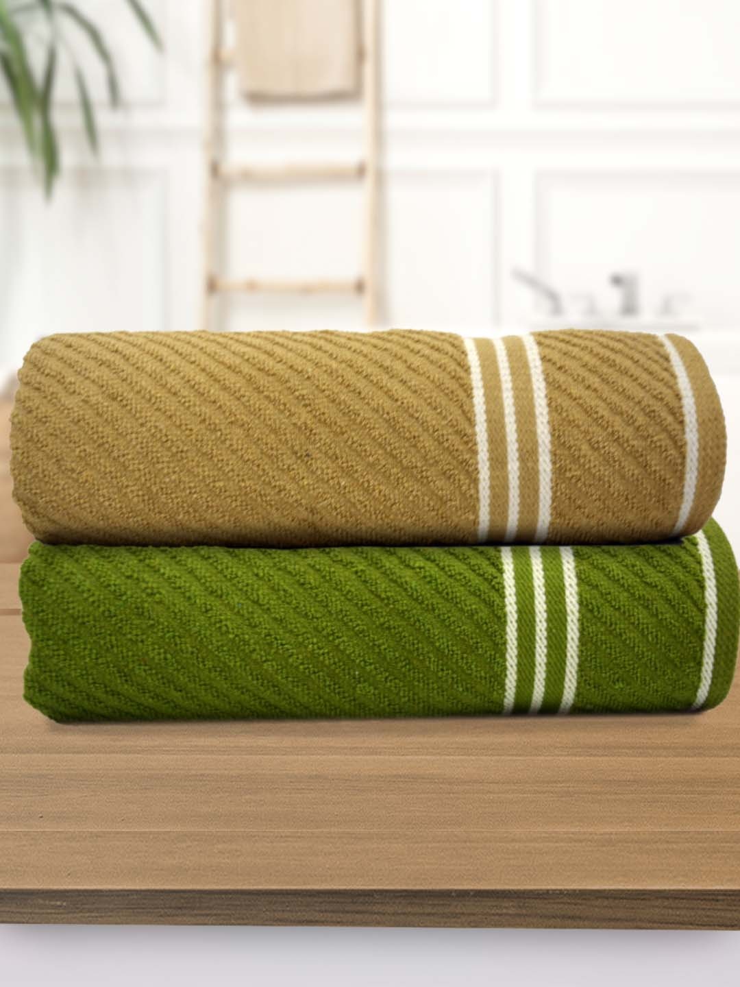 

Athom Living Green & Beige 2 Pieces Cotton 380 GSM Bath Towels