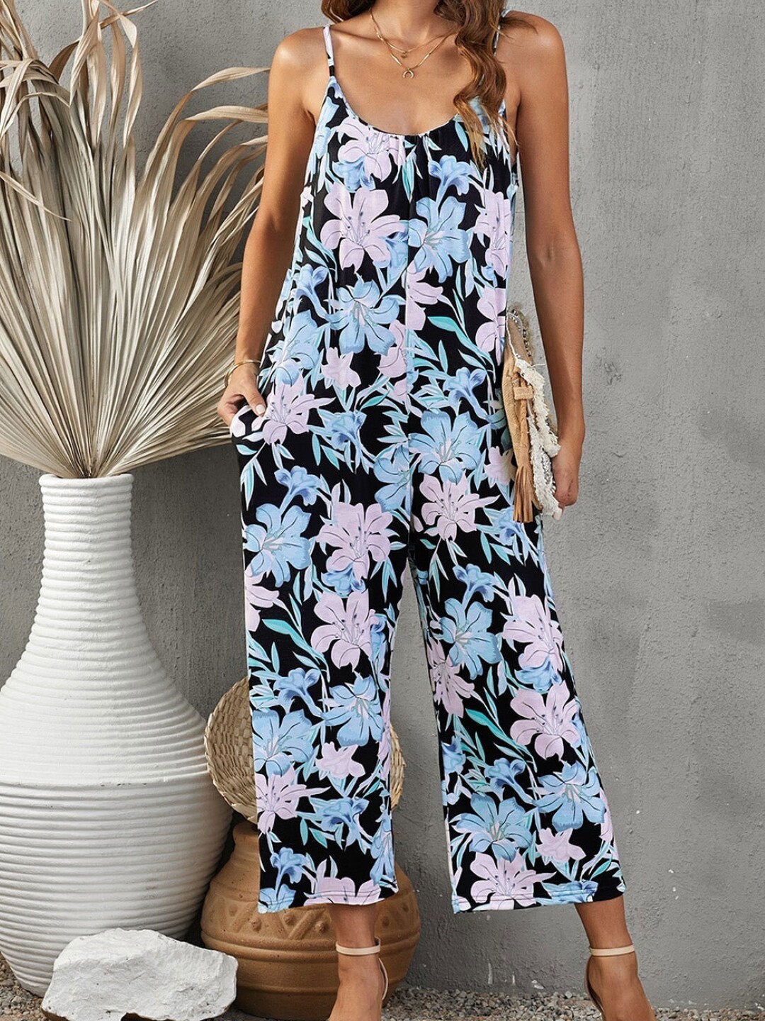 

StyleCast Navy Blue Printed Shoulder Straps Basic Jumpsuit