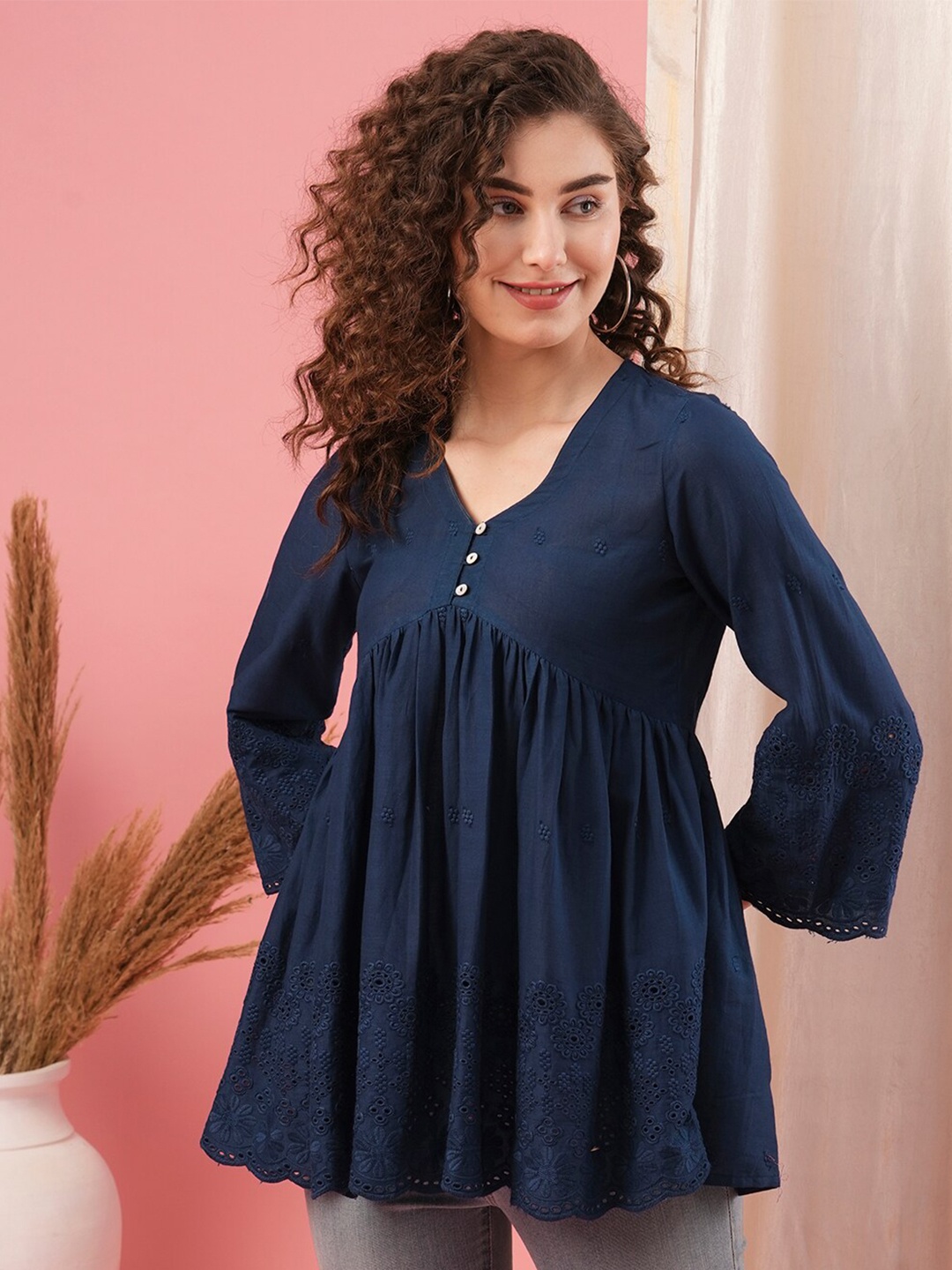 

Globus Embroidered Cotton Schiffli V-Neck Indigo Tunic, Blue