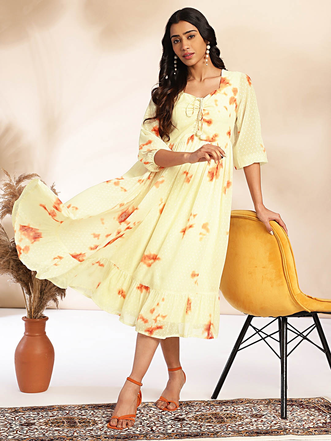 

Janasya Women Dobby Georgette Tie-Dye Fit & Flare Dress, Yellow