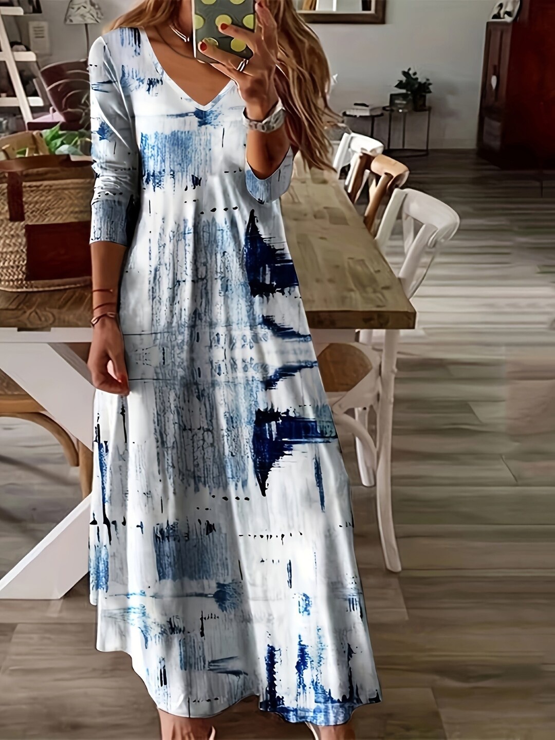 

StyleCast Print V-Neck Three-Quarter Sleeves A-Line Maxi Dress, White
