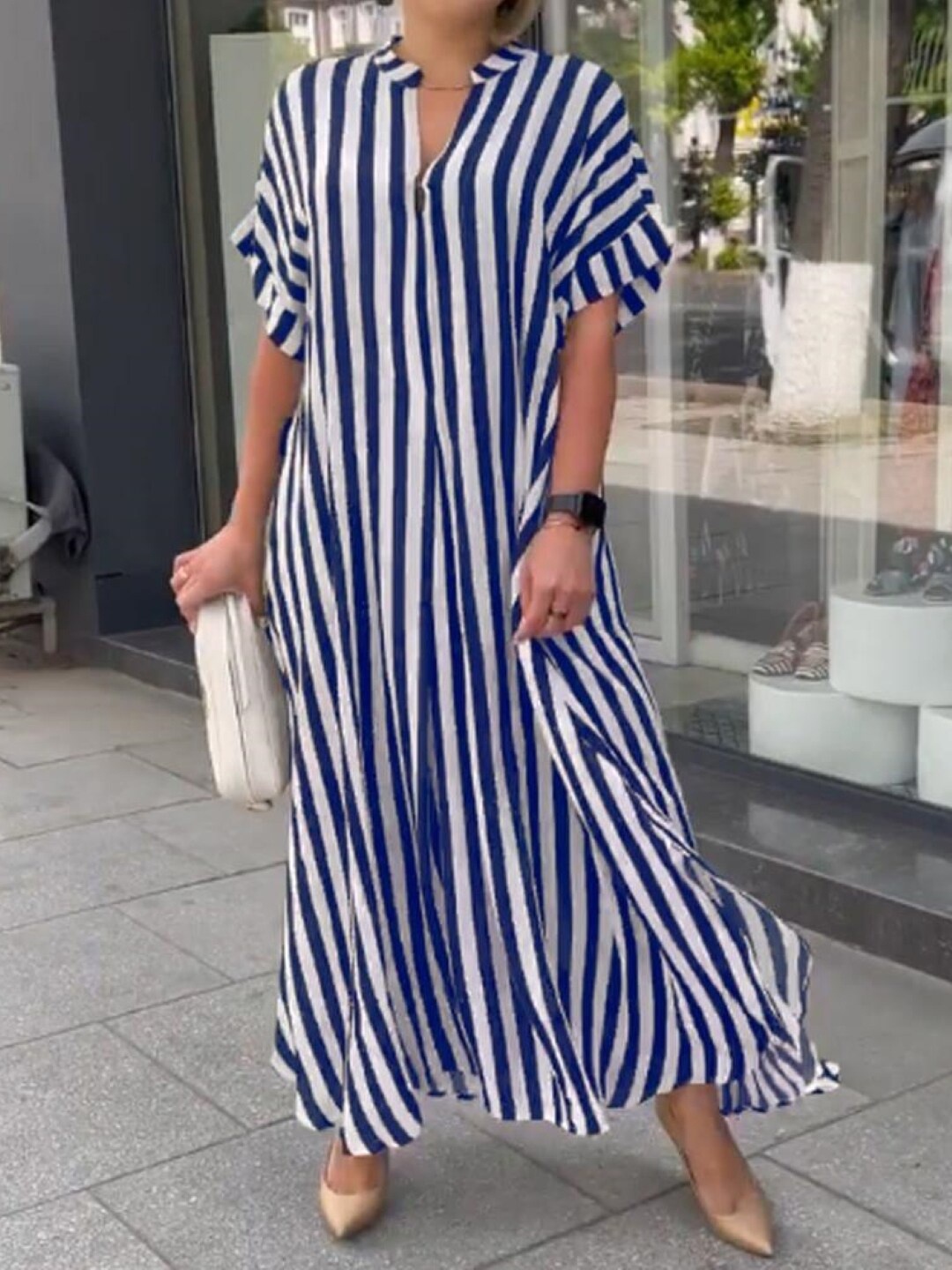 

StyleCast Striped Mandarin Collar Maxi Dress, White