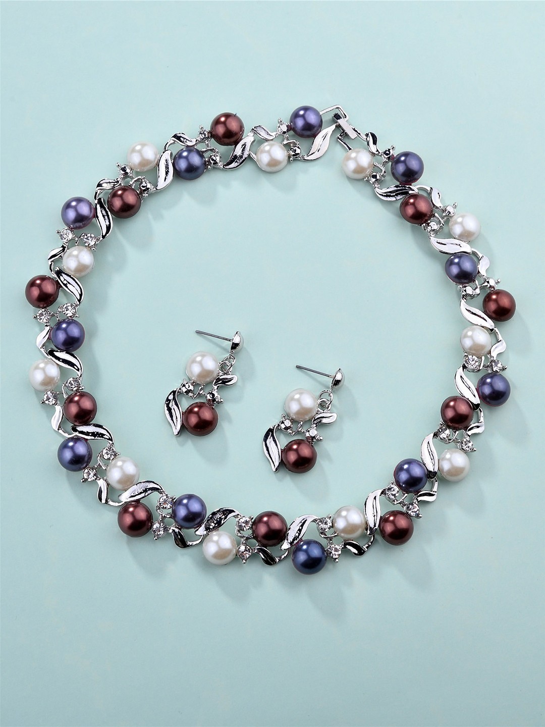 

Shining Diva Fashion Silver-Plated Pearls-Beaded Jewellery Set
