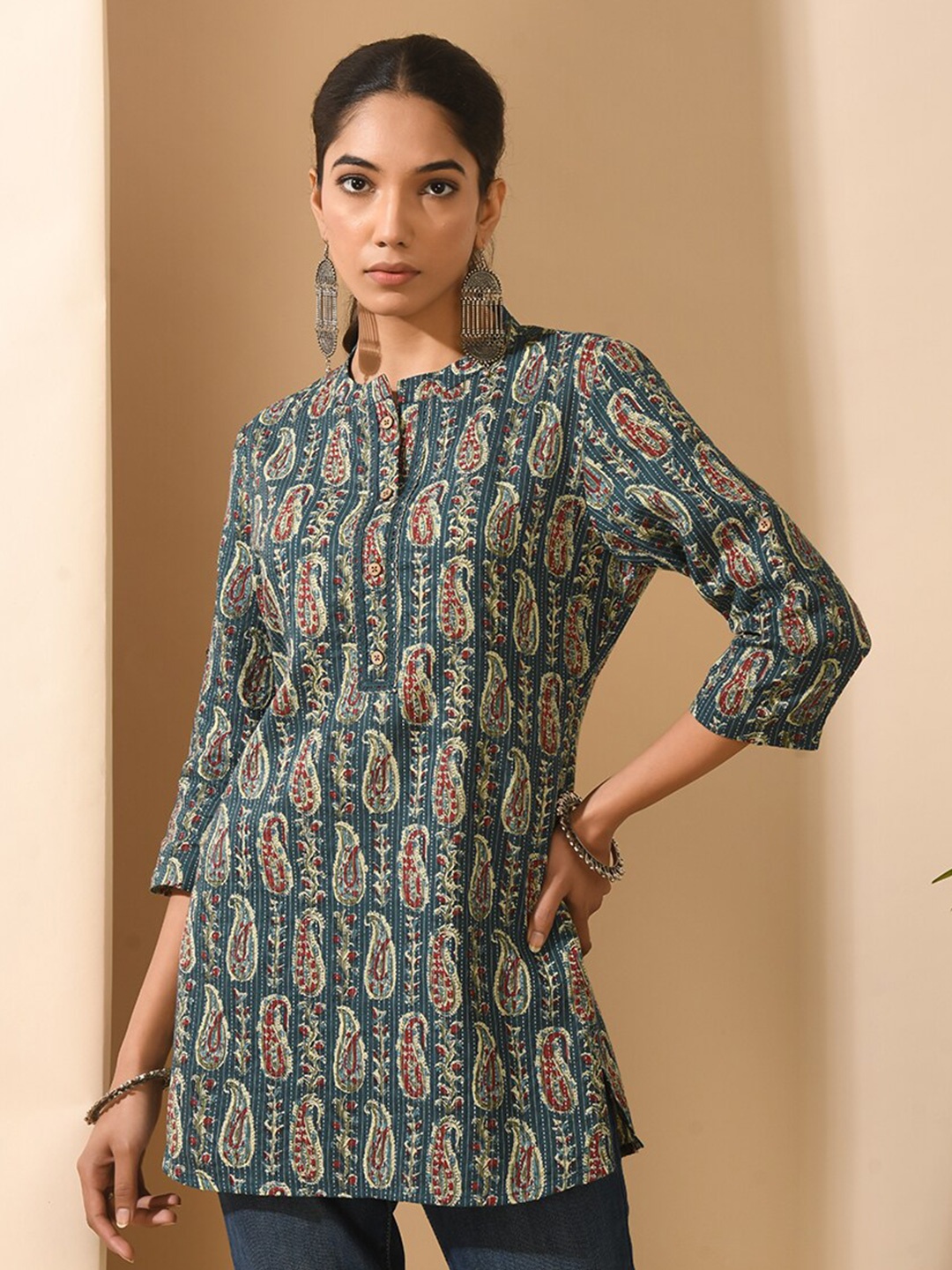

MEESAN Paisley Printed Mandarin Collar Pure Cotton Straight Kurti, Blue