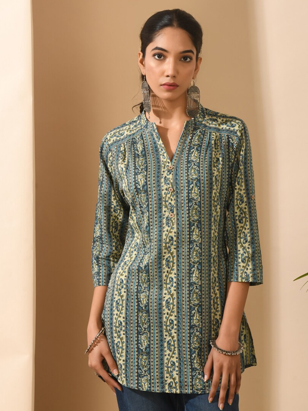 

MEESAN Paisley Printed Mandarin Collar Pure Cotton Straight Kurti, Blue