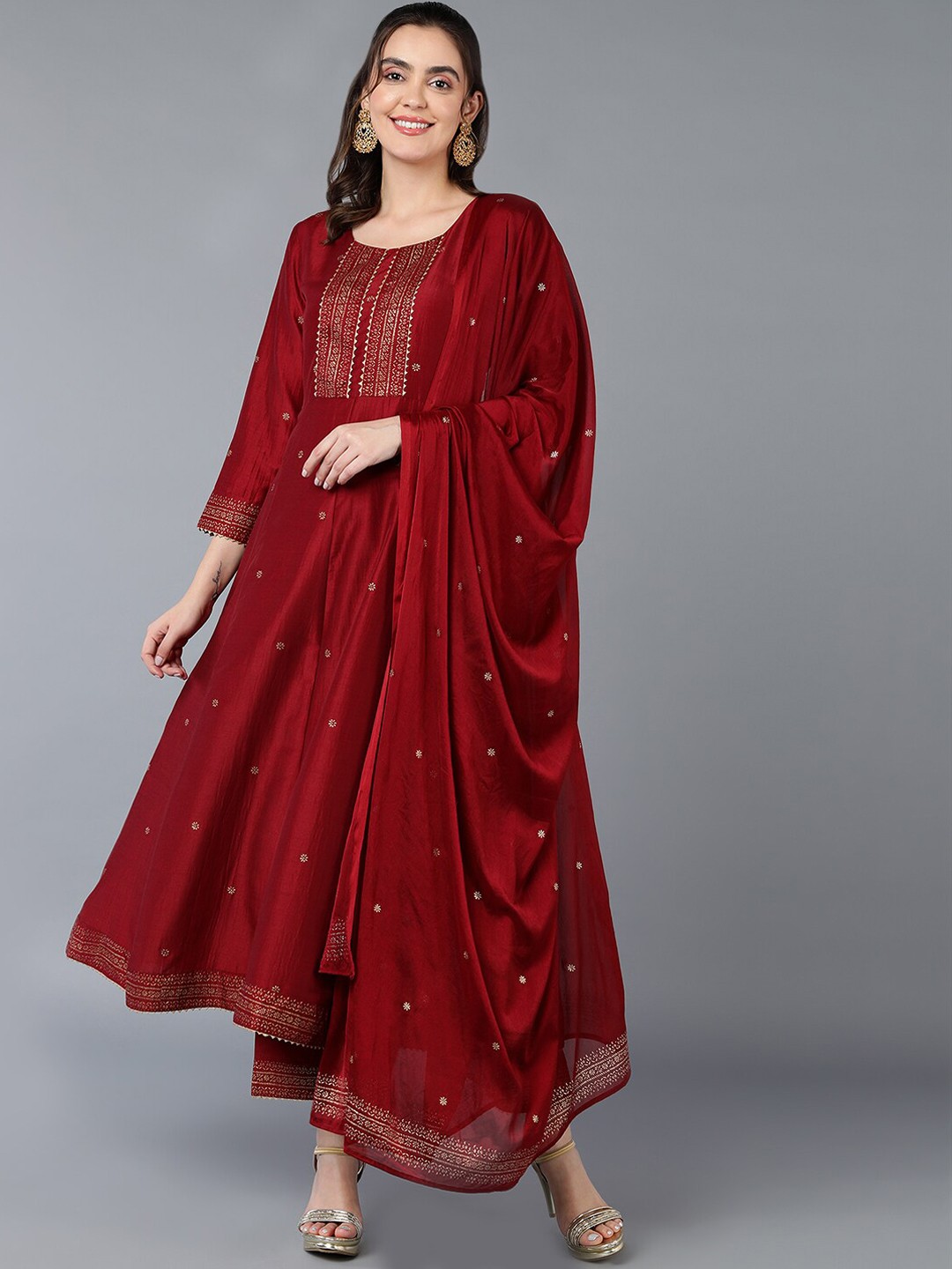 

AHIKA Floral Empire Kurta with Trousers & With Dupatta, Maroon