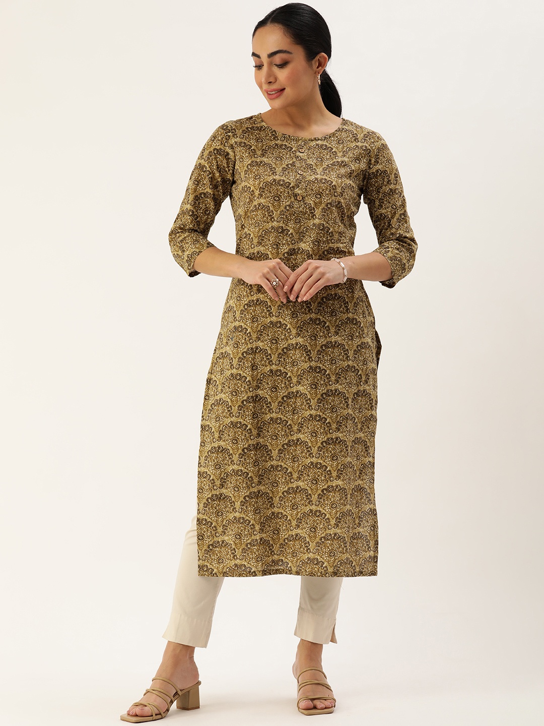 

Saanjh Women Floral Printed Straight Kurta, Brown
