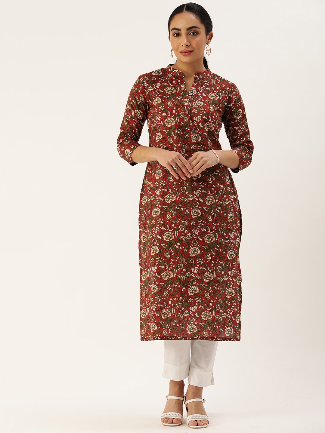 

Saanjh Women Floral Printed Straight Kurta, Maroon