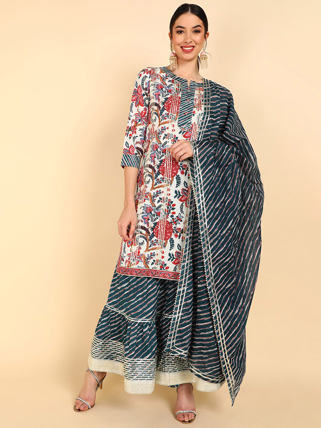 

KALINI Floral Printed Pure Cotton Straight Kurta With Trousers & Dupatta, White