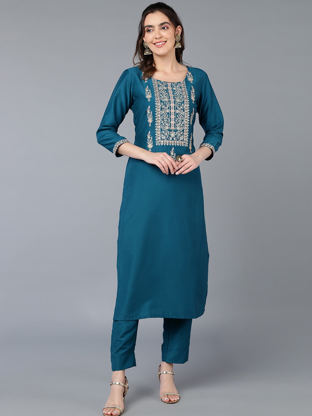 

KALINI Ethnic Motifs Yoke Design Round Neck Thread Work Straight Kurta, Teal