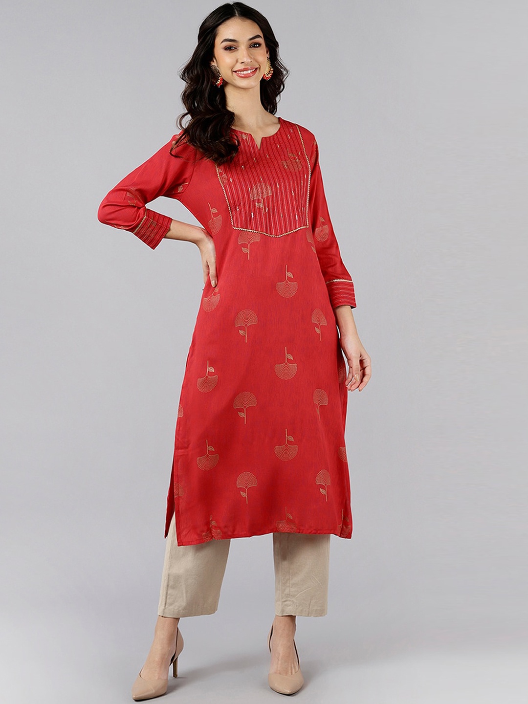 

KALINI Floral Printed Notched Neck Sequinned Cotton Straight Kurta, Maroon